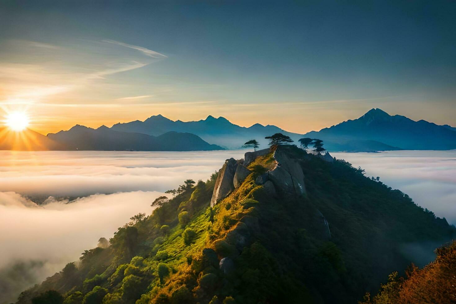 de Sol stiger över de moln i de berg. ai-genererad foto