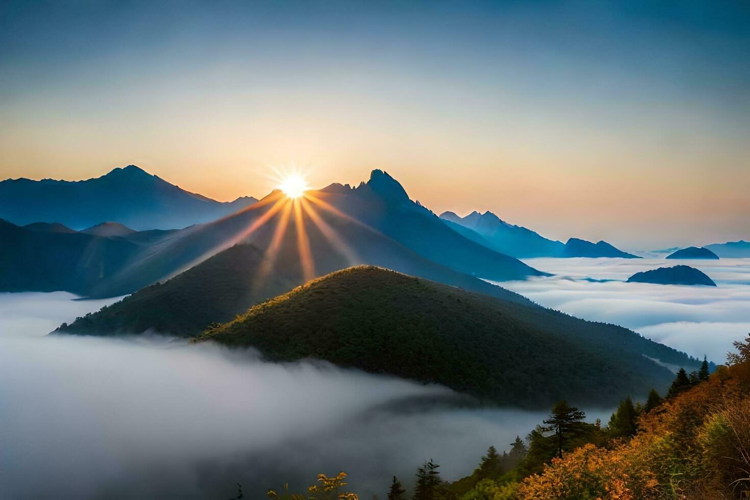 de Sol lyser över de bergen och dimma. ai-genererad foto