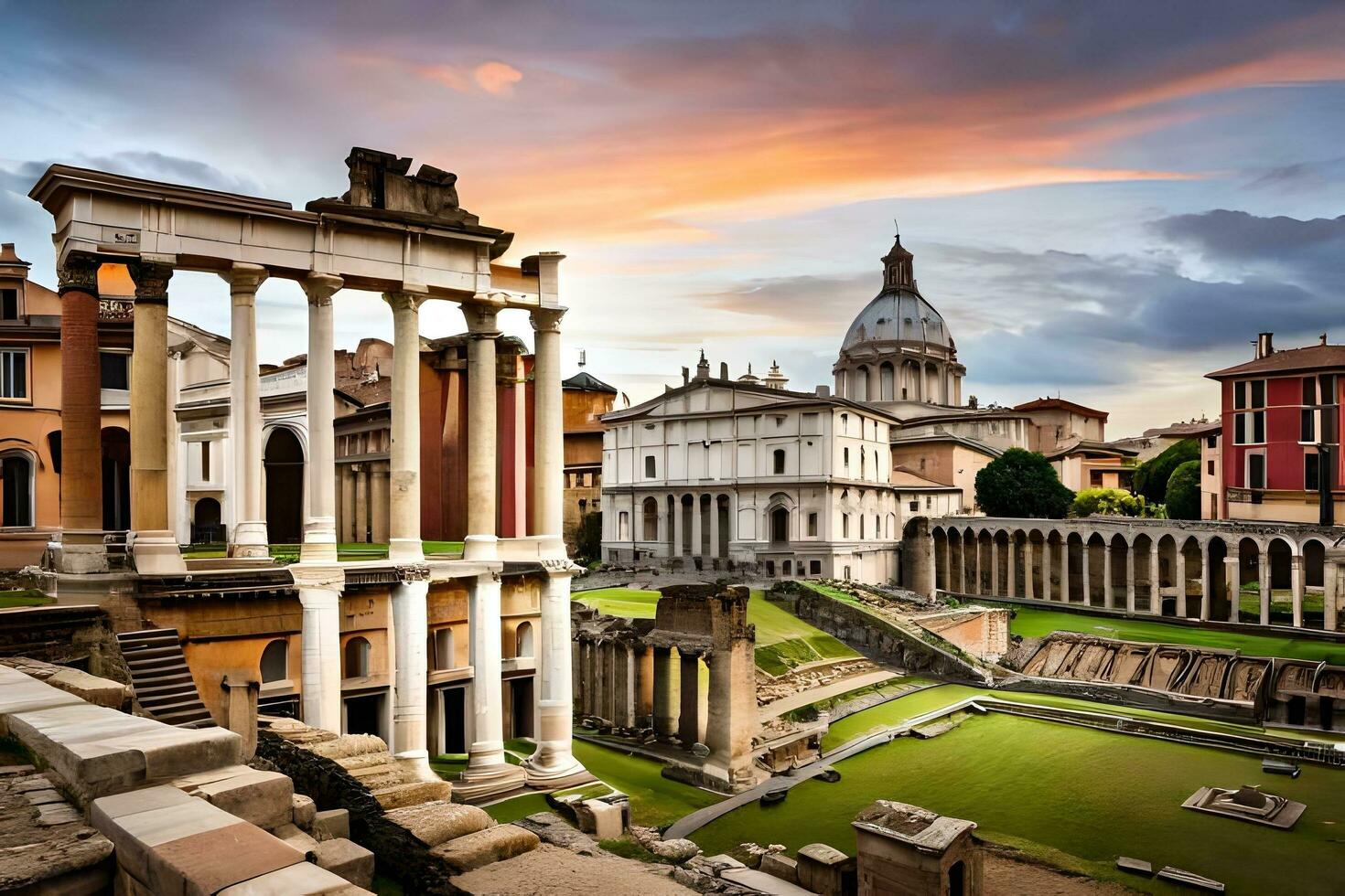 de roman forum och de kupol av de domus. ai-genererad foto