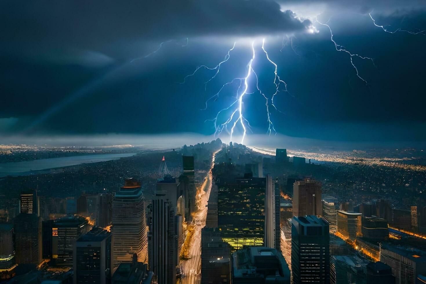 blixt- strejker över ny york stad. ai-genererad foto