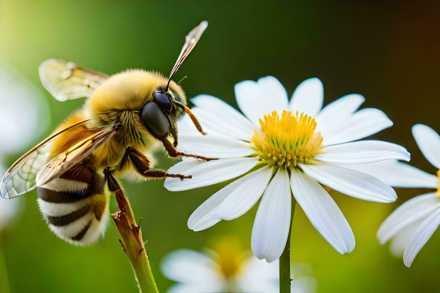 bi på tusensköna, bi på tusensköna, bi på tusensköna, bi på daisy. ai-genererad foto