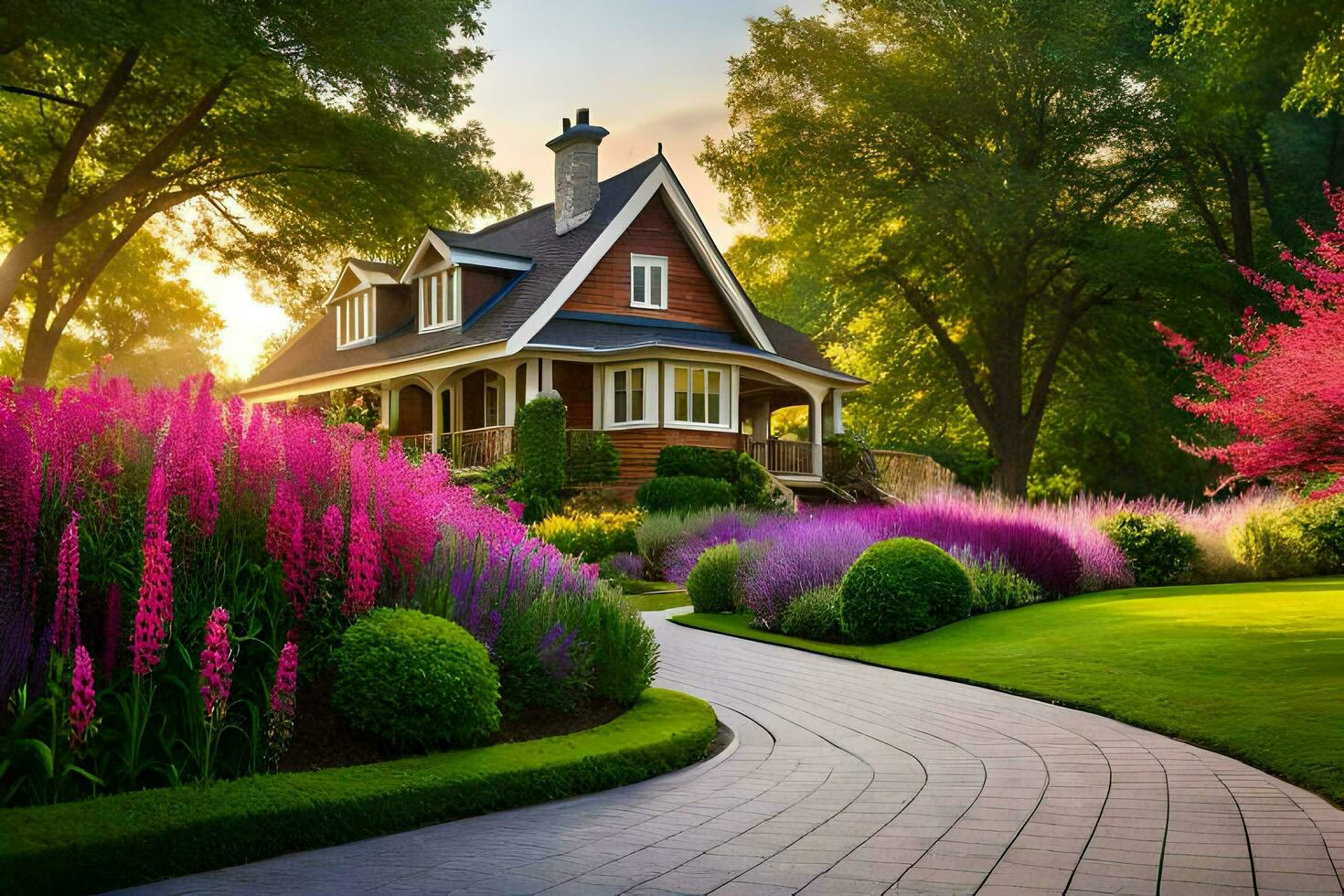 skön landskap med hus och blommor i de morgon. ai-genererad foto