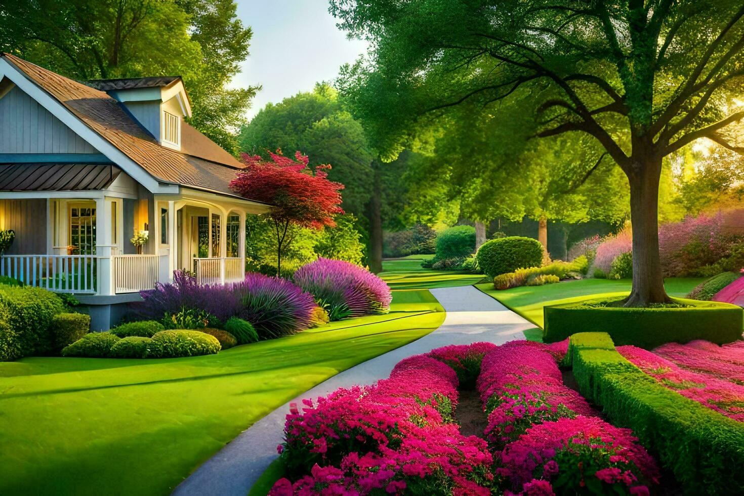 en skön trädgård med blommor och träd. ai-genererad foto