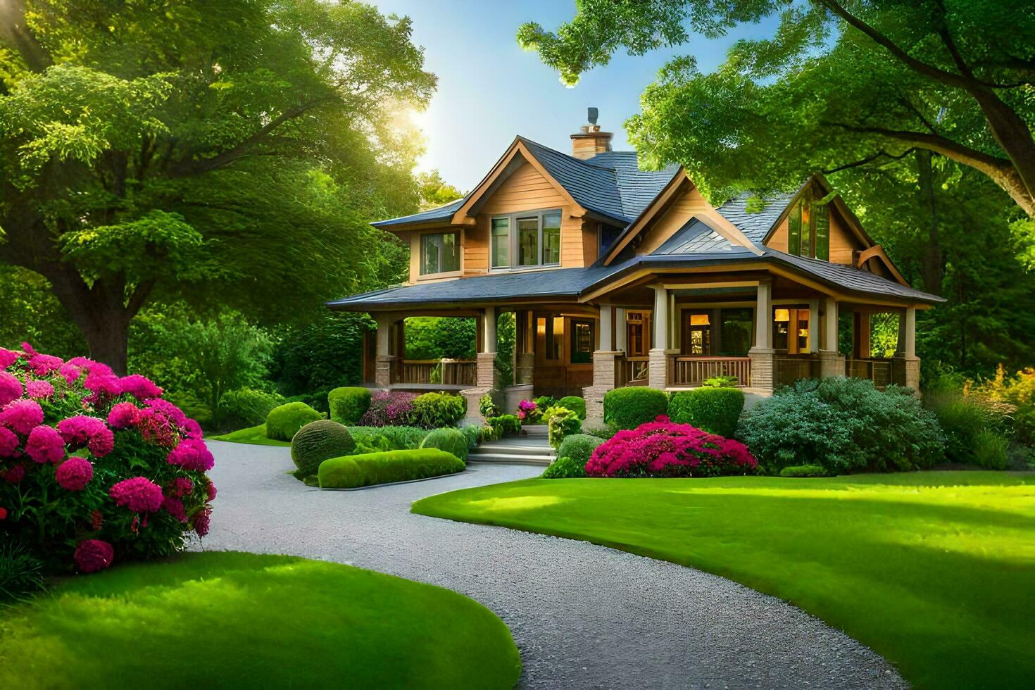 skön hus i de trädgård med blommor och träd. ai-genererad foto