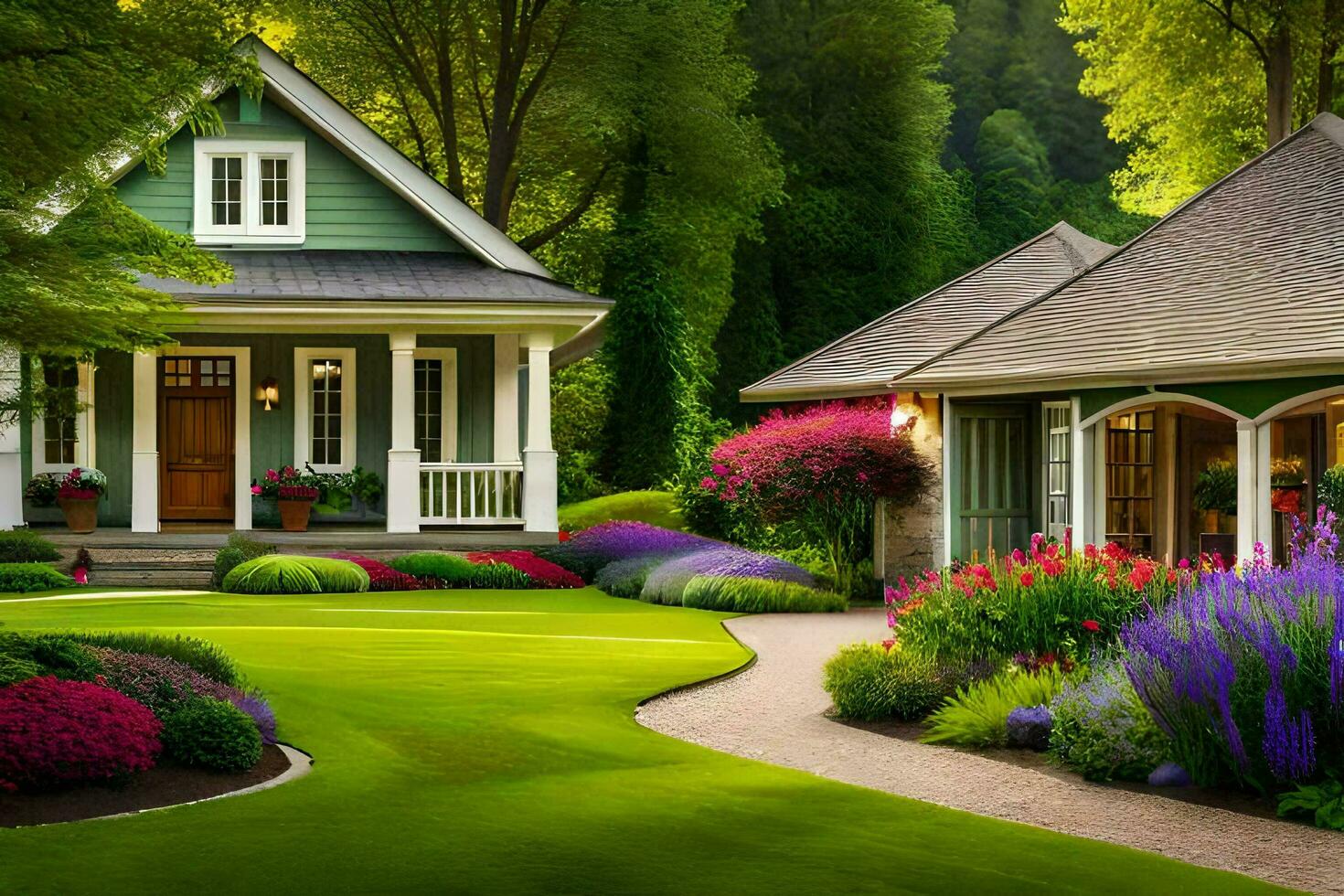 en skön trädgård med en hus och blommor. ai-genererad foto