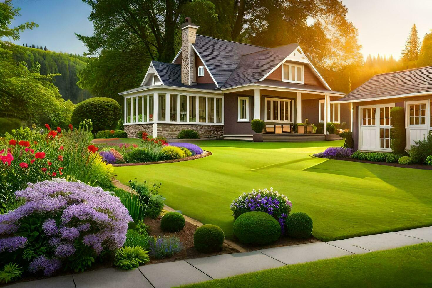 en skön gräsmatta med en hus och blommor. ai-genererad foto