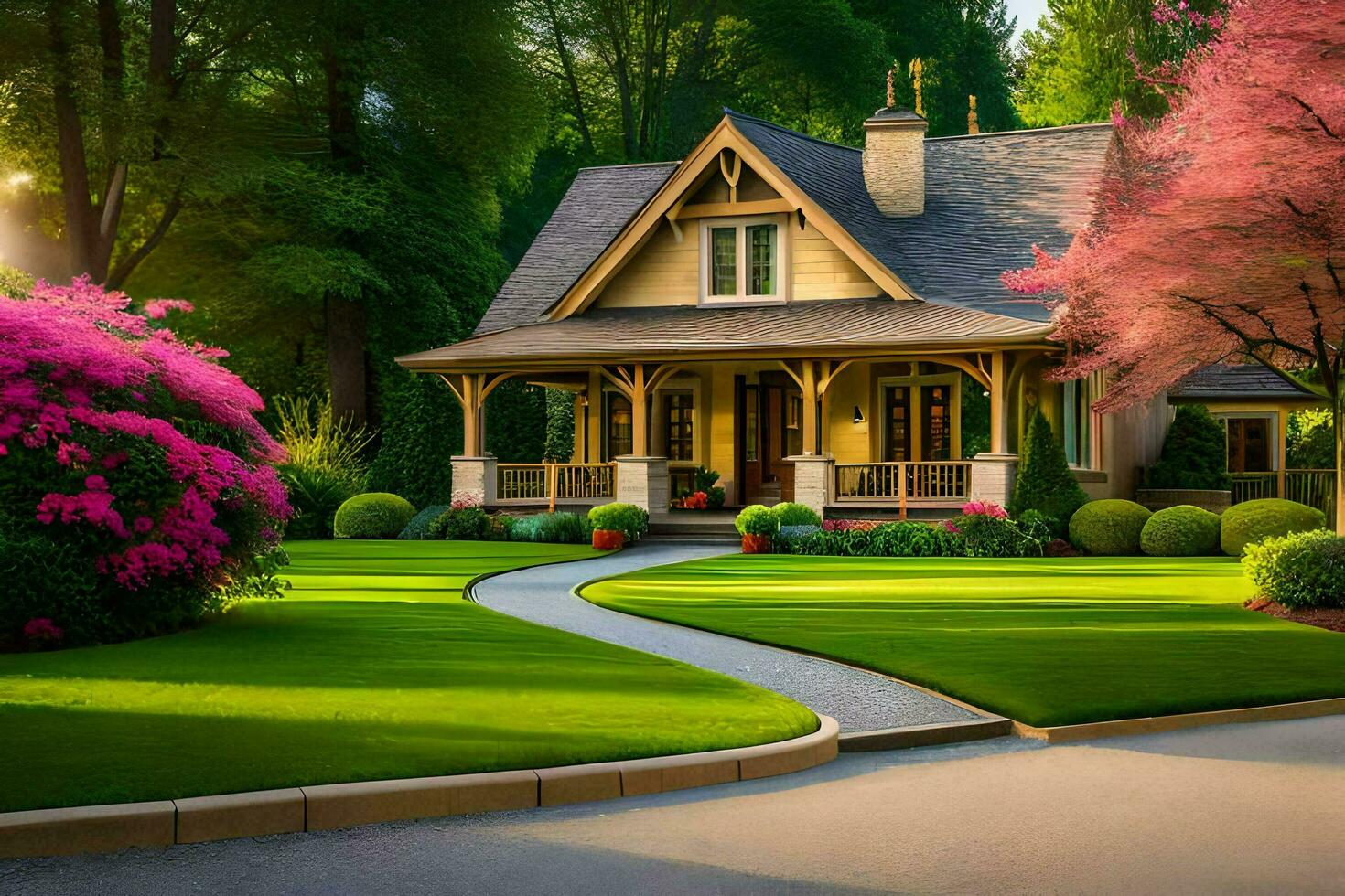 en skön hus med en skön gräsmatta och träd. ai-genererad foto