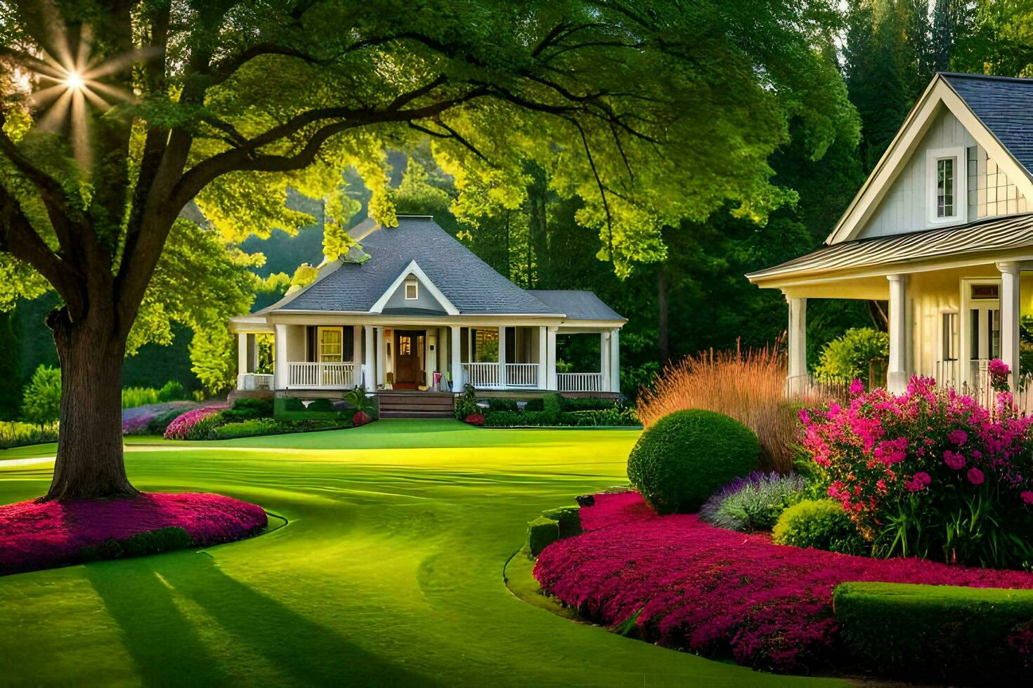 en skön gräsmatta med en hus och träd. ai-genererad foto