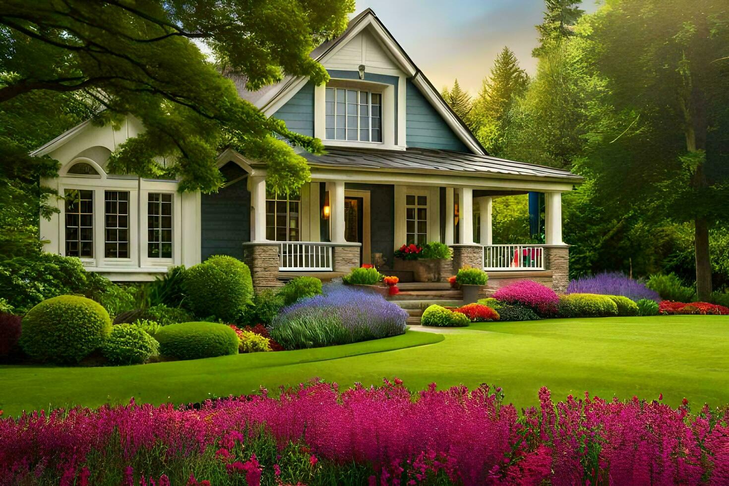 en skön hus med en gräsmatta och blommor. ai-genererad foto
