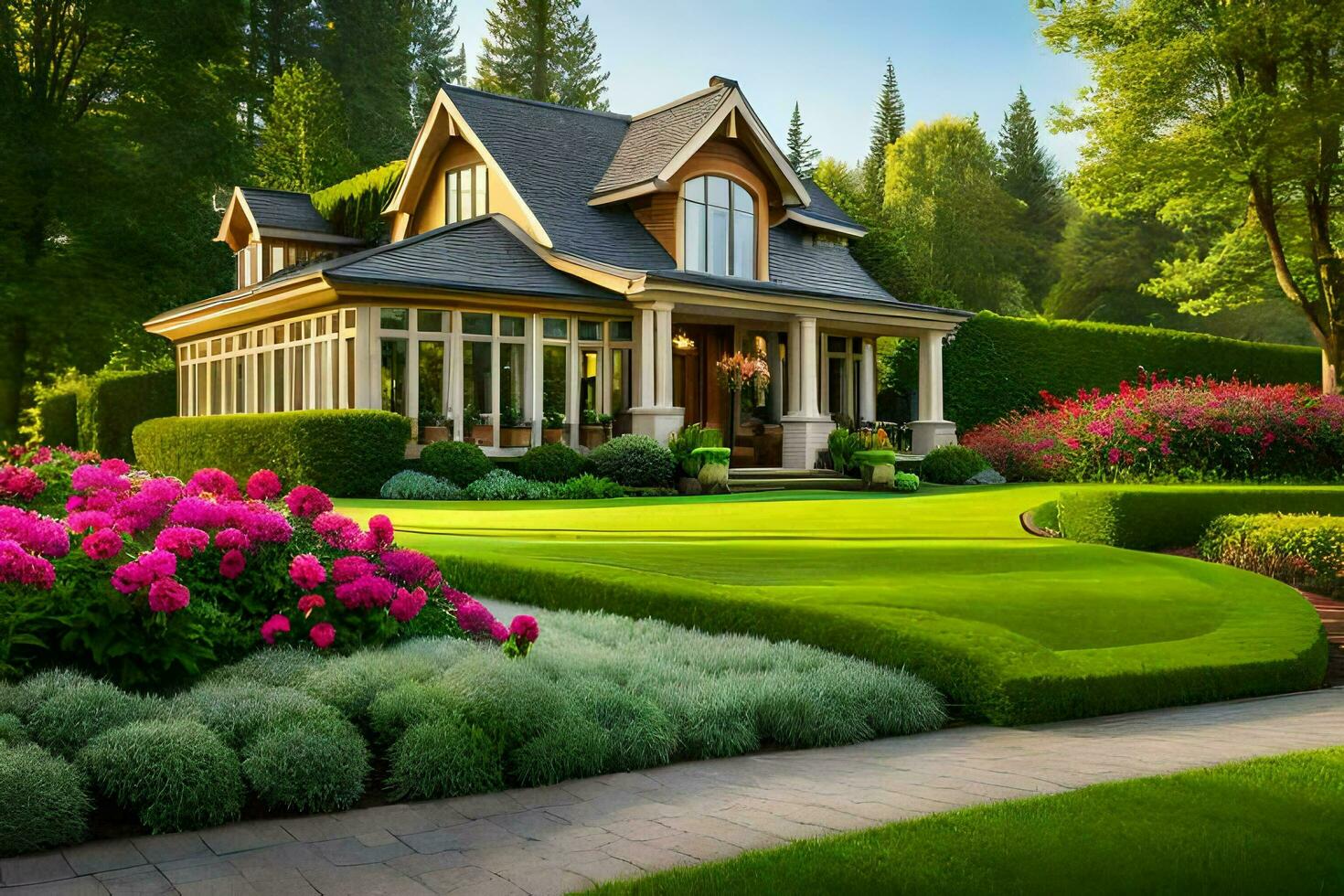 en skön hus med frodig grön gräsmatta och blommor. ai-genererad foto