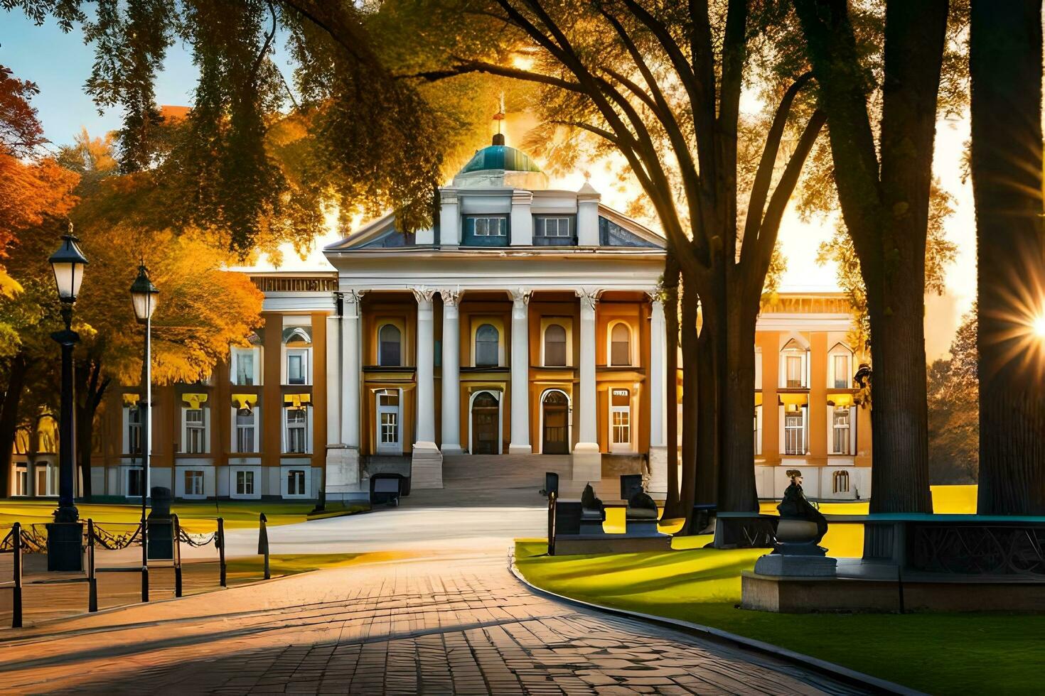 de Sol är lysande på en byggnad i de mitten av en parkera. ai-genererad foto