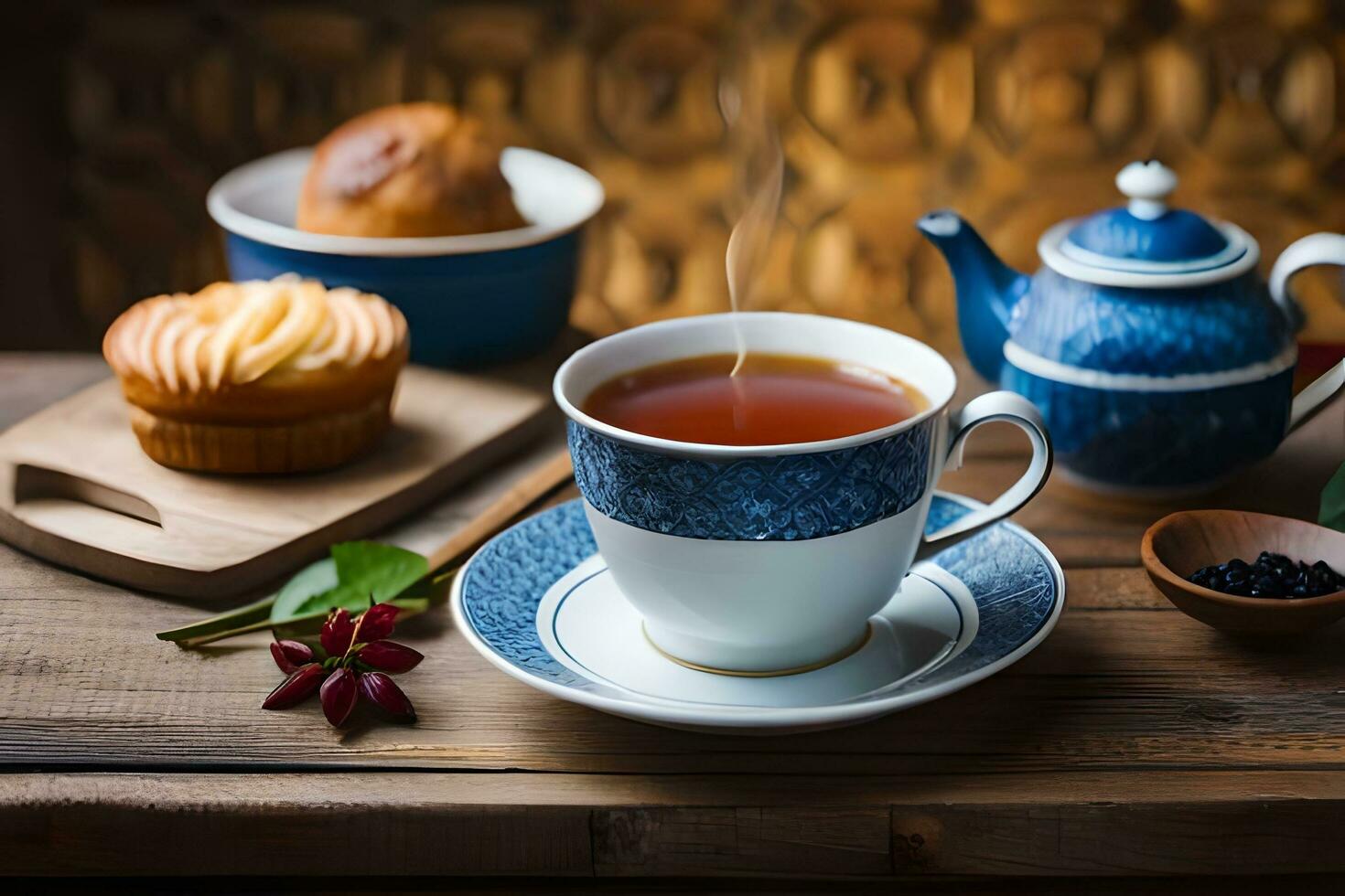 en kopp av te och en kopp av kaffe på en trä- tabell. ai-genererad foto