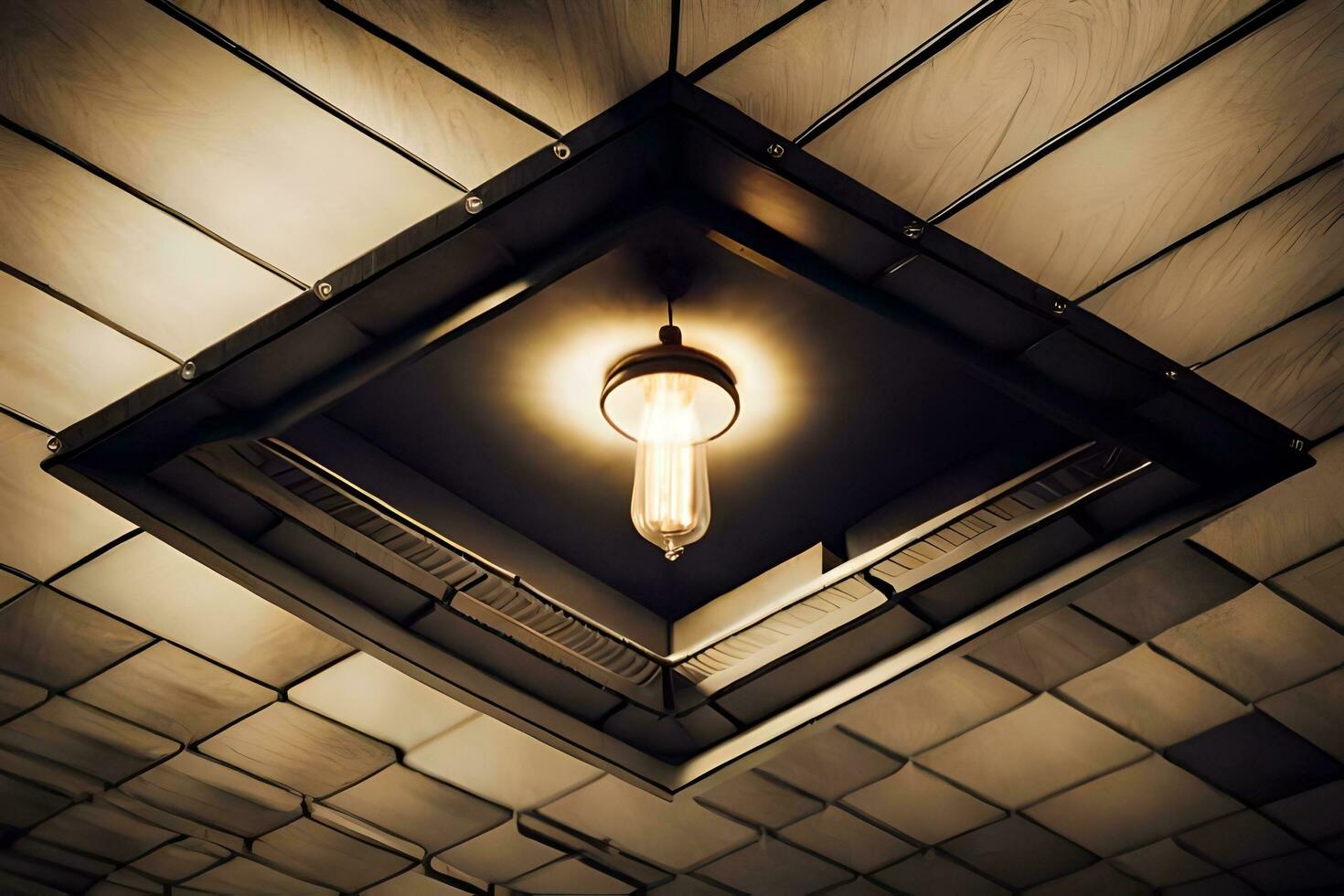 en ljus Glödlampa är hängande från de tak i en rum. ai-genererad foto