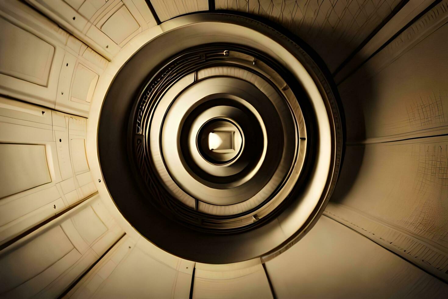 en cirkulär objekt i en rum med en cirkulär mönster. ai-genererad foto