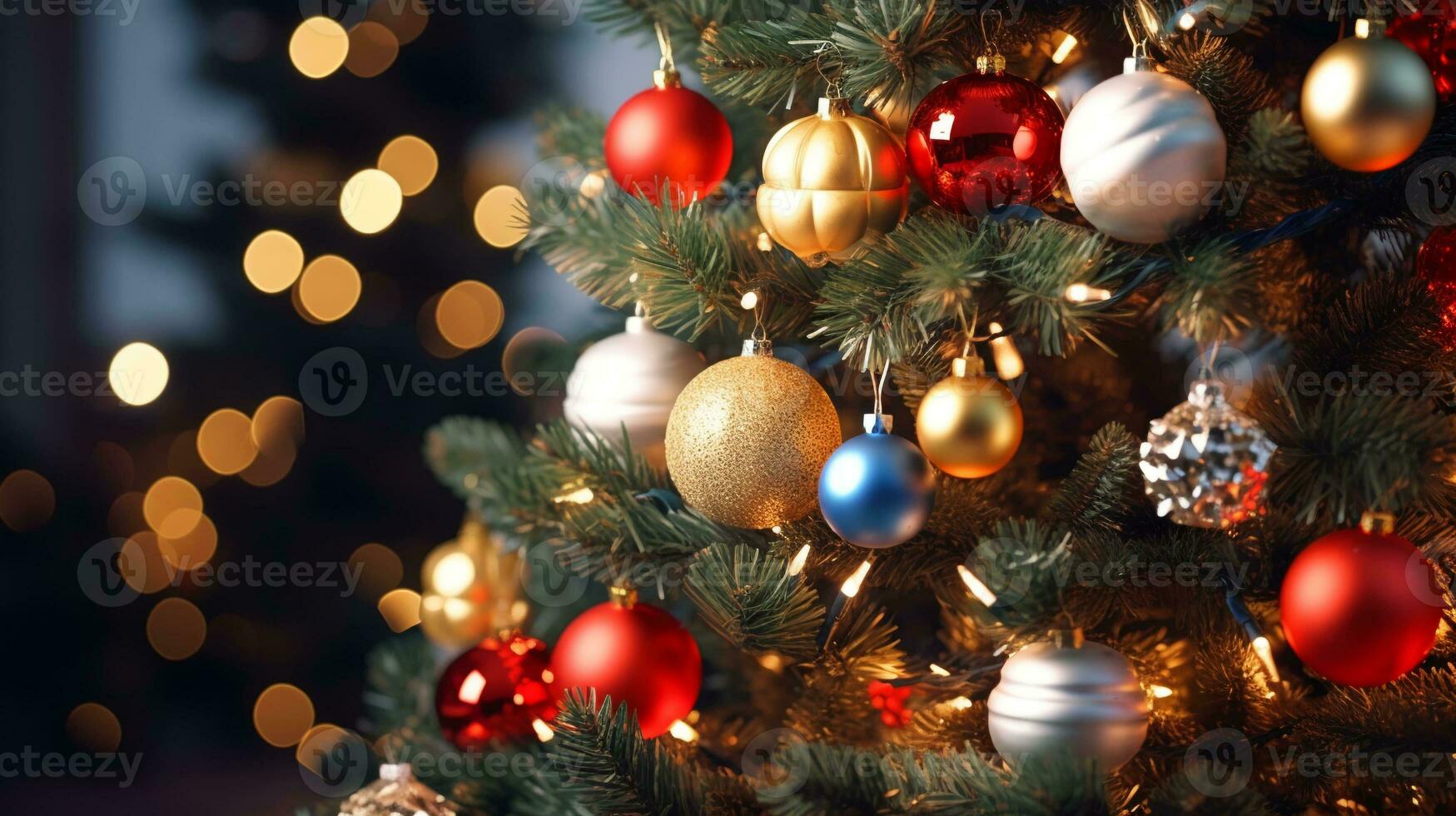 stänga upp realistisk jul träd med riklig dekorationer. festlig Semester charm foto