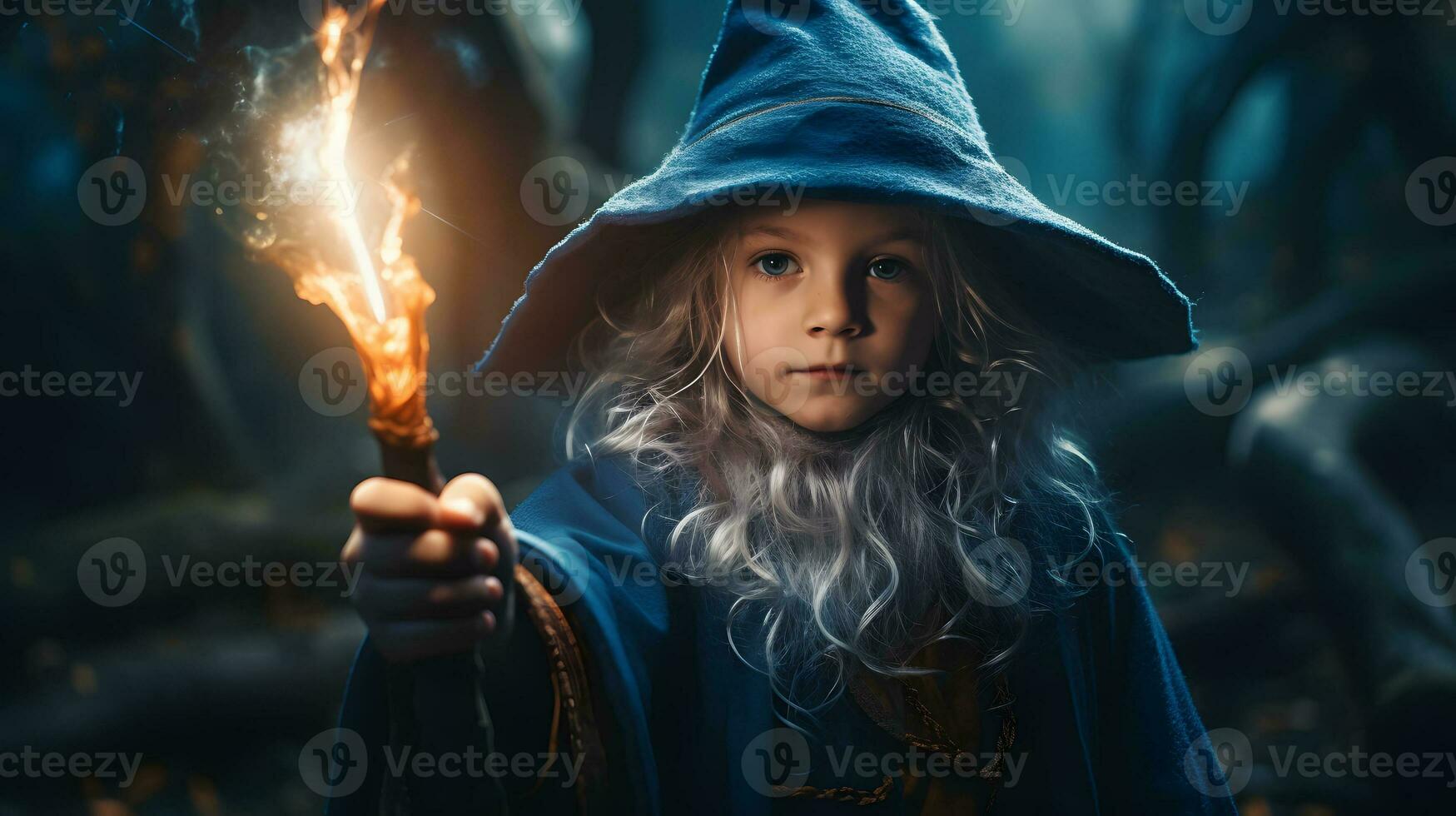 liten pojke i en trollkarl kostym med en magi wand i hans hand ai generativ foto