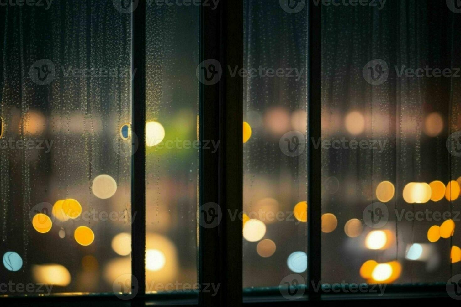 regndroppar och gatlyktor på natt. bakgrund. ai generativ proffs Foto