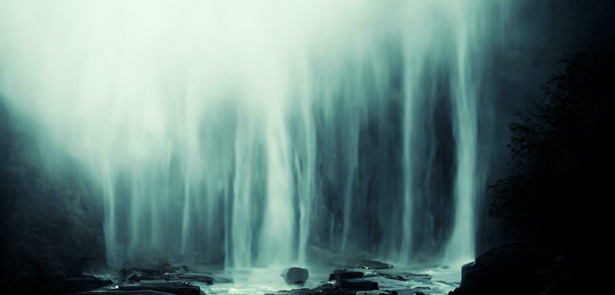 mörk tona vattenfall bakgrund fantasi skog ström i natur vattenfall på de kulle fylld med stor träd och vatten spray. foto