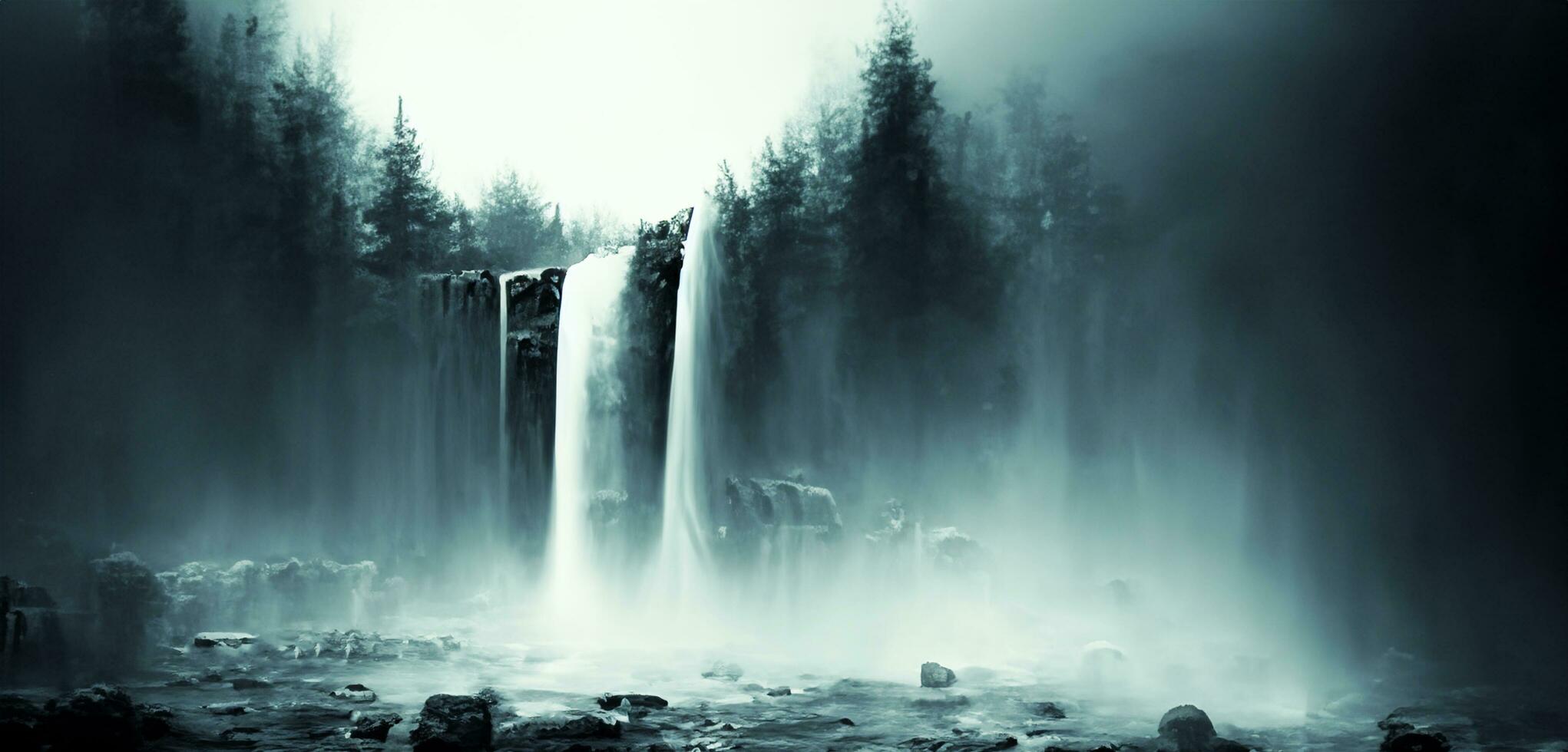 mörk tona vattenfall bakgrund fantasi skog ström i natur vattenfall på de kulle fylld med stor träd och vatten spray. foto