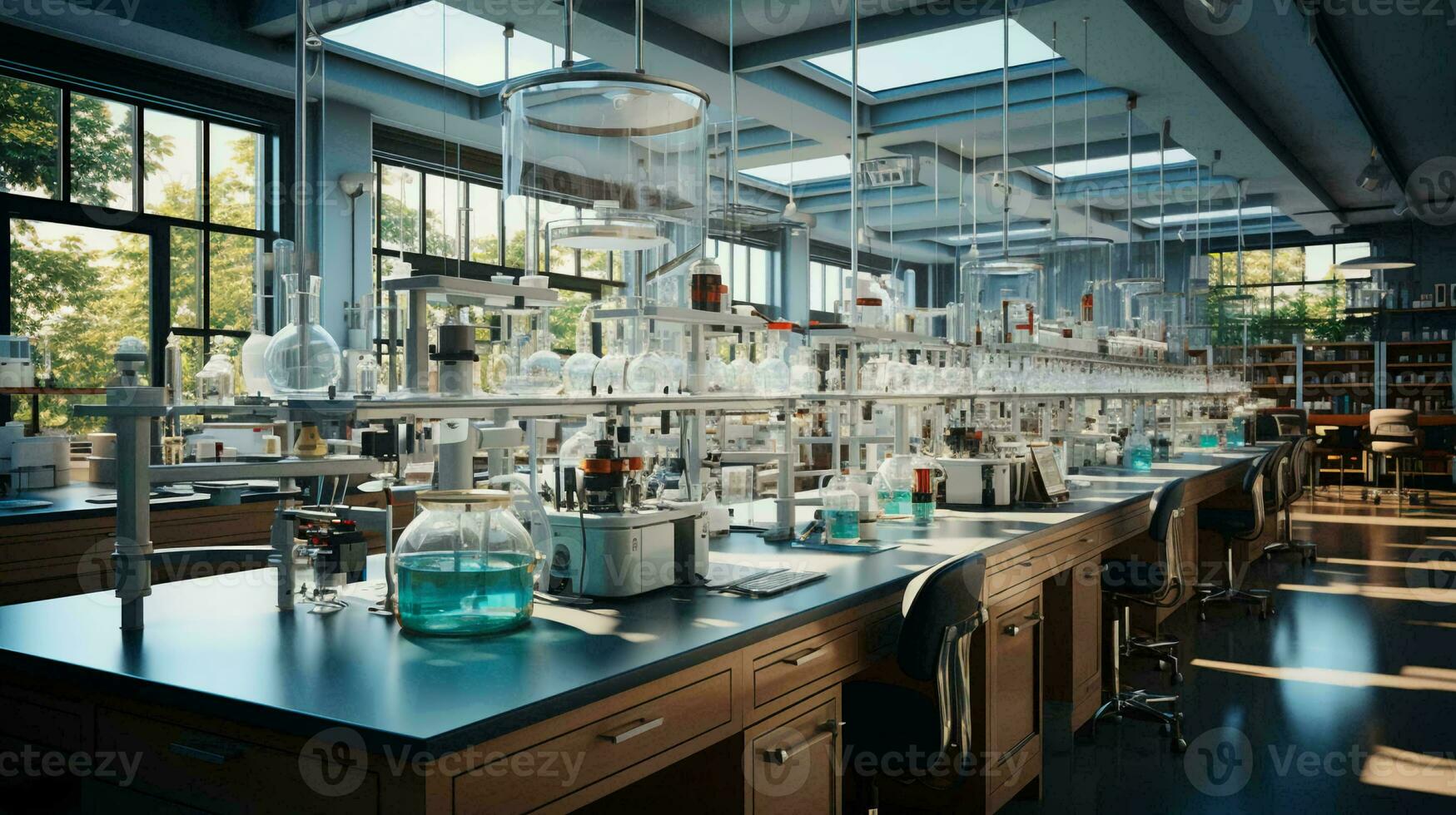 modern vetenskaplig kemisk medicinsk forskning laboratorium med Utrustning och kolvar för ledande forskning och testning experiment foto