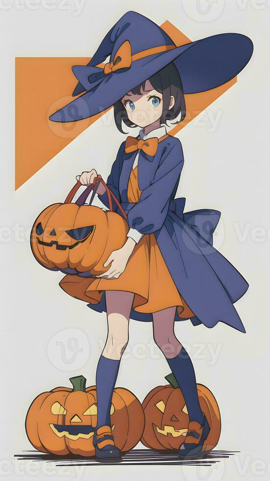 framställning för halloween en söt ung flicka och hans pumpa i anime stil med enkel bakgrund foto