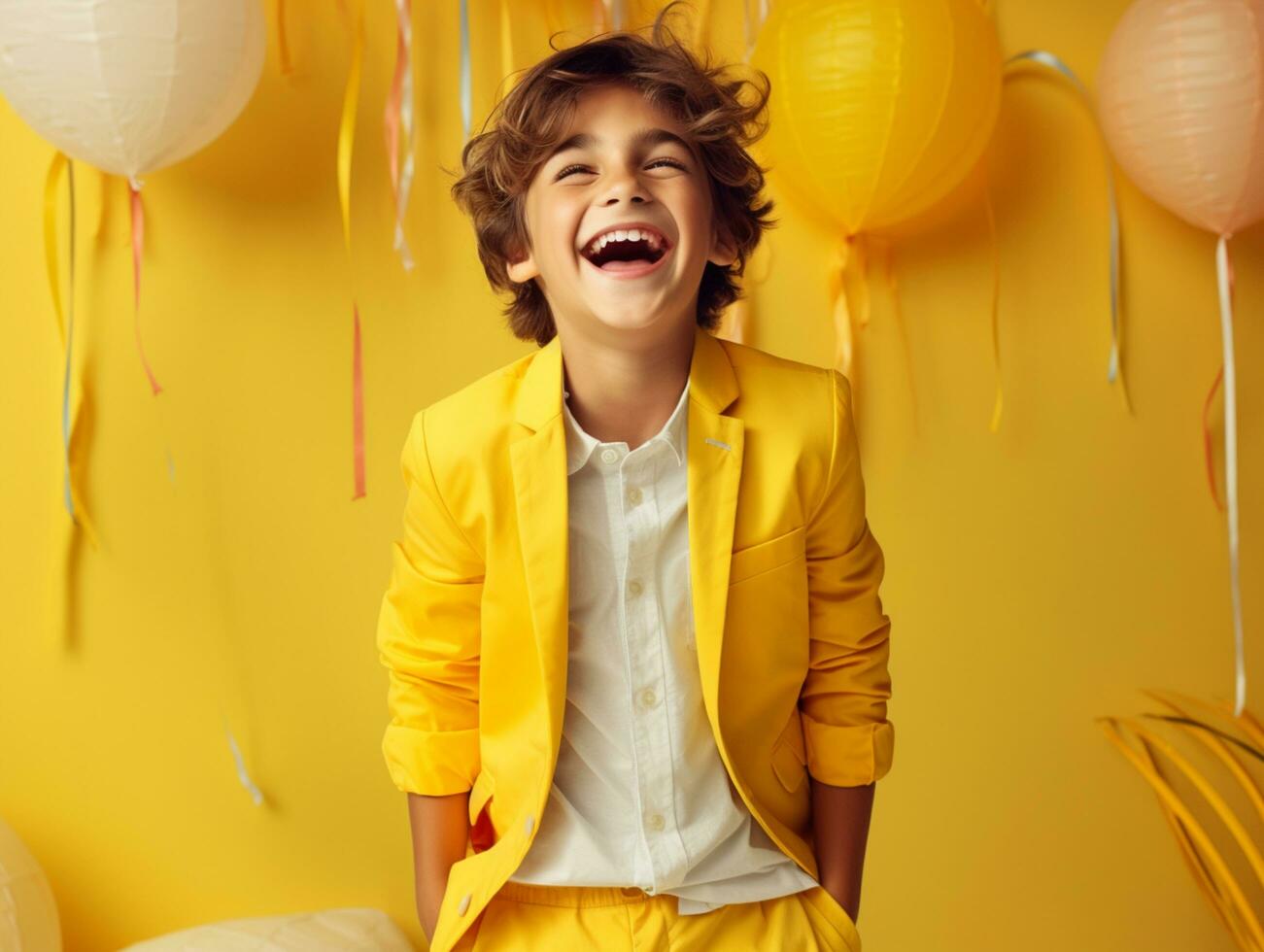 ai generativ.glad leende pojke i gul solglasögon med roligt modern glasesai generativ foto