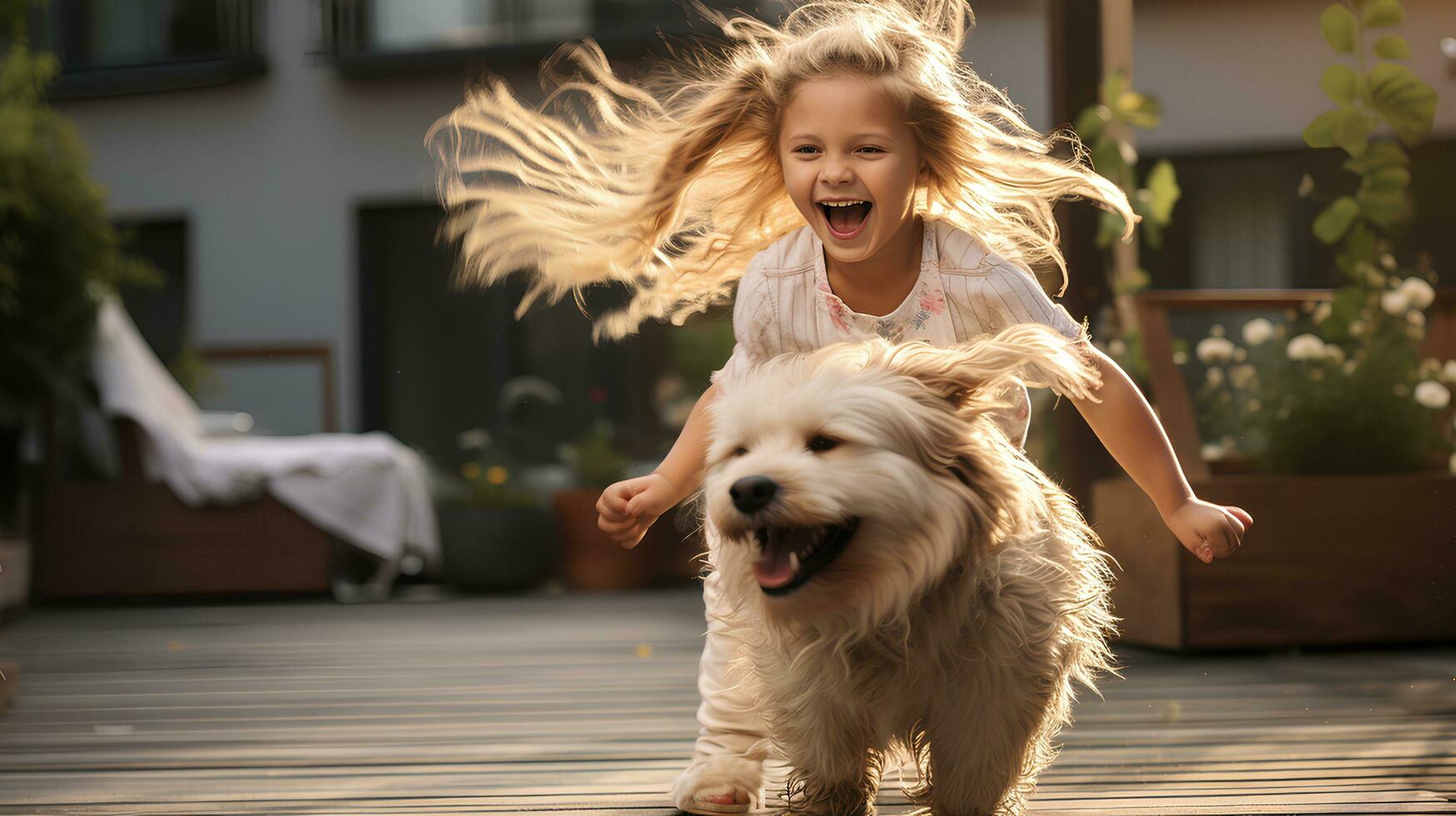 en ung flicka är spelar med en hund på home.ai generativ. foto