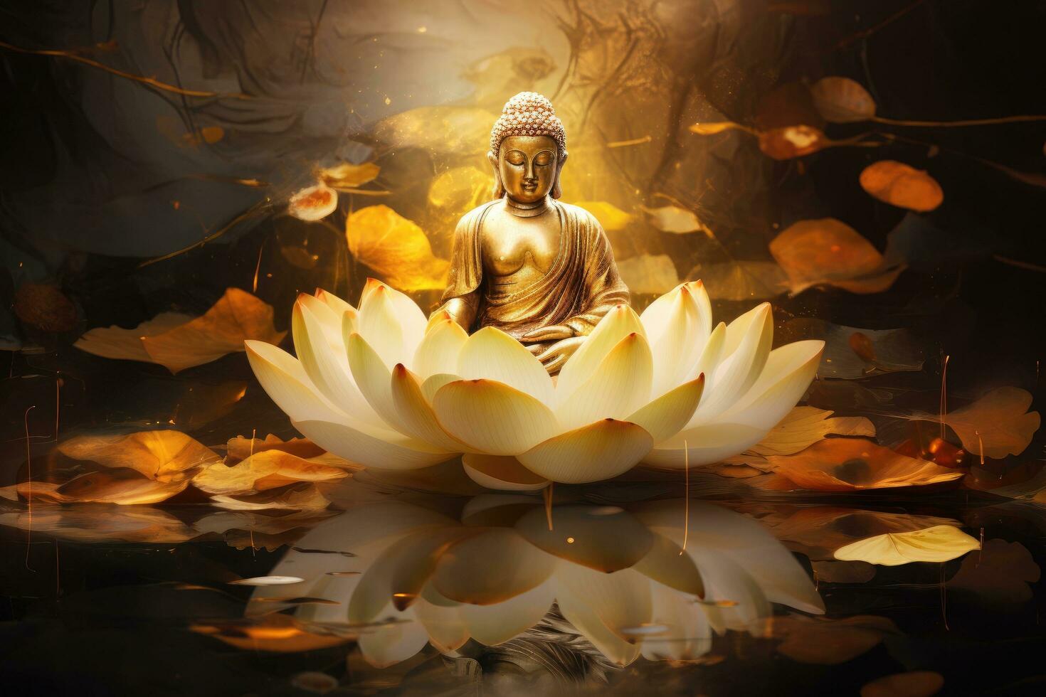 buddha staty på lotus blomma med vatten reflexion. meditation och avslappning begrepp, gyllene buddha i en gyllene lotus blomma, ai genererad foto