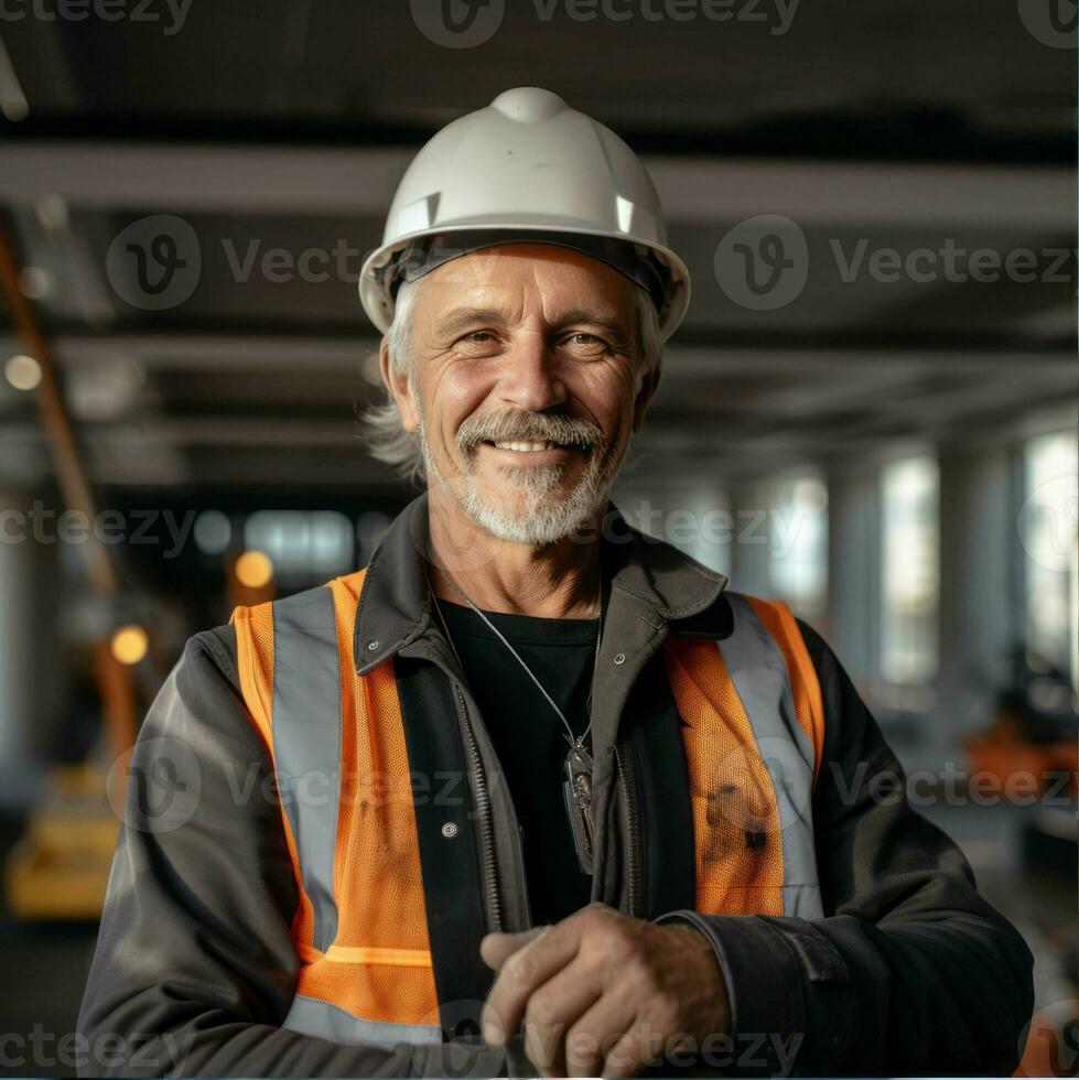 bild av en konstruktion arbetstagare på de bakgrund av konstruktion Utrustning, ai generativ foto