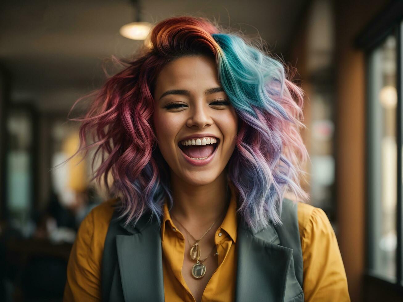 ung kvinna med färgrik hår och en smartphone i henne hand skrattar och skriker med glädje. Lycklig kvinna och frihet livsstil. ai generativ foto