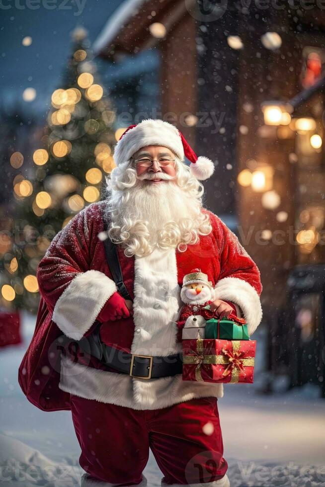 ai generativ santa claus åtnjuter varelse med barn på de välsignad jul eve foto