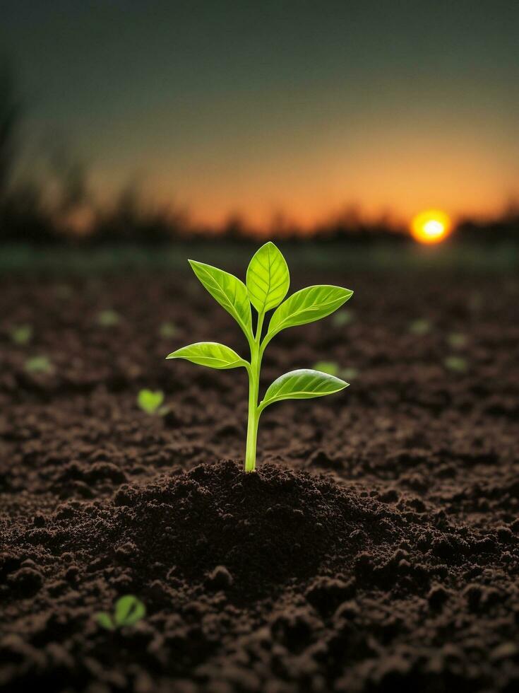 grön groddar i mörk jord mot en suddig bakgrund symbolisera tillväxt och potential med de skön solnedgång. ai genererad. foto