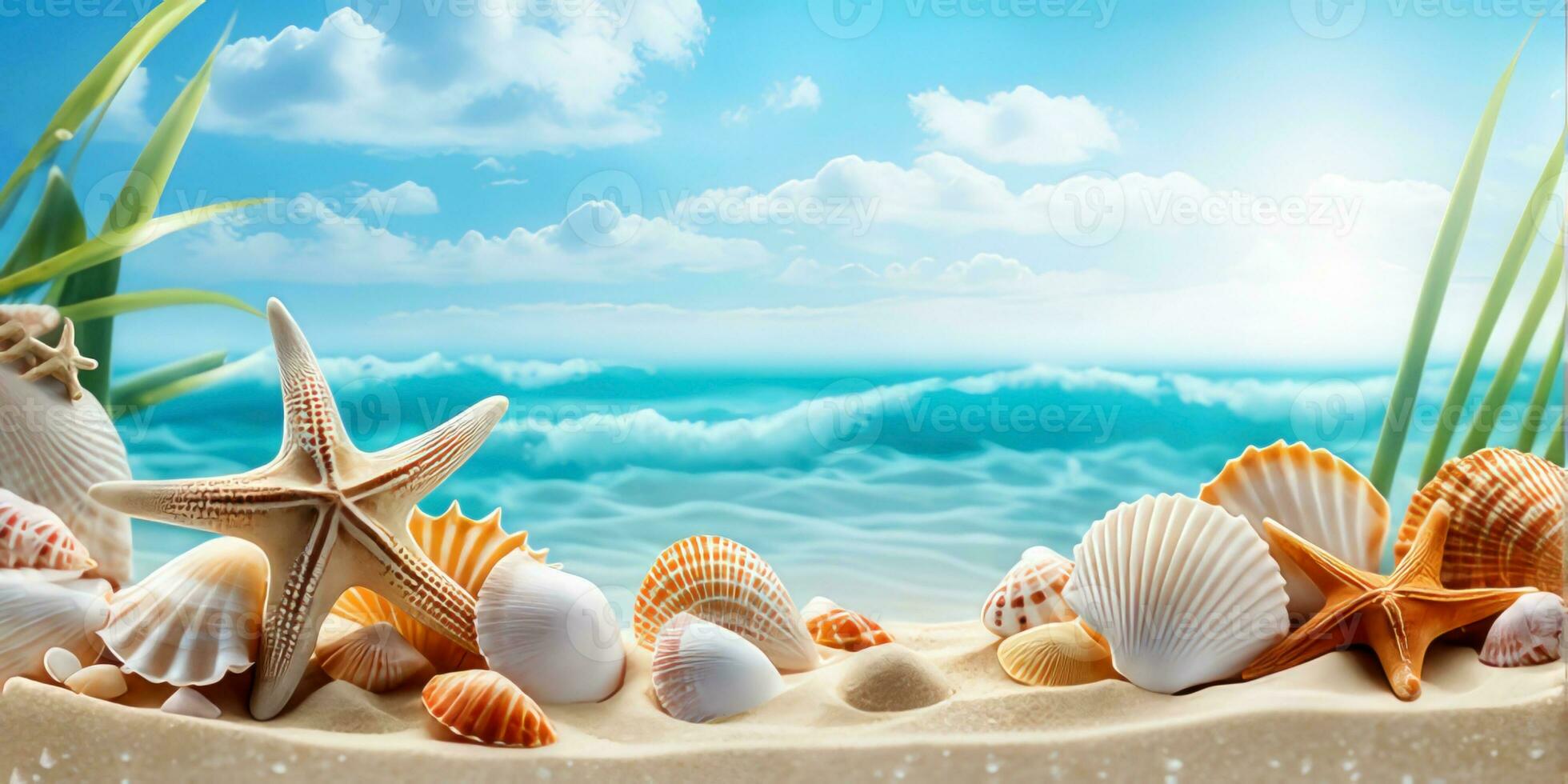 hav sand strand med snäckskal sjöstjärna solskydd attrapp mall.generativ ai. foto
