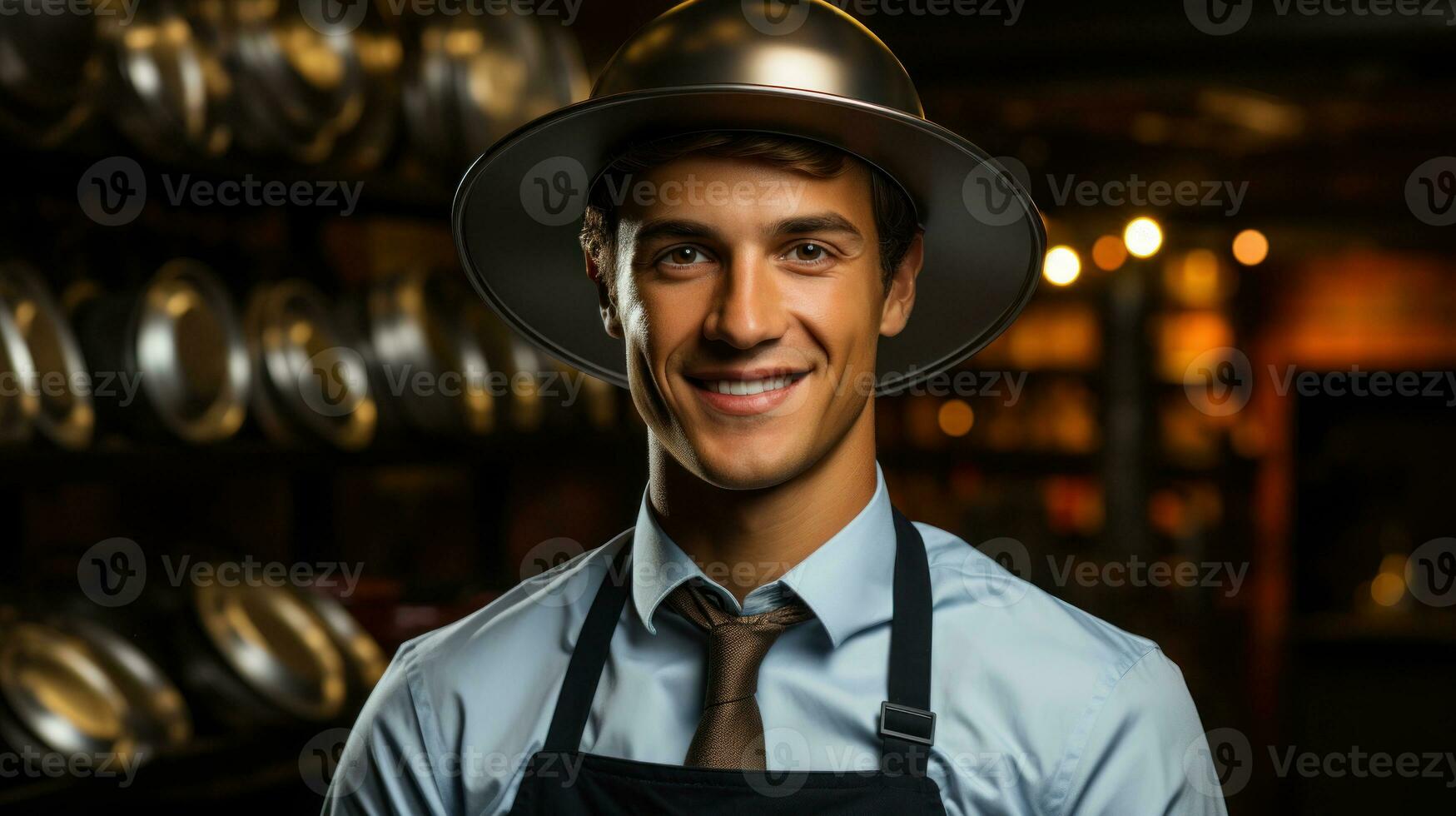 porträtt av en rolig ung man i förkläde och panorera stål hatt stående i en källare. foto