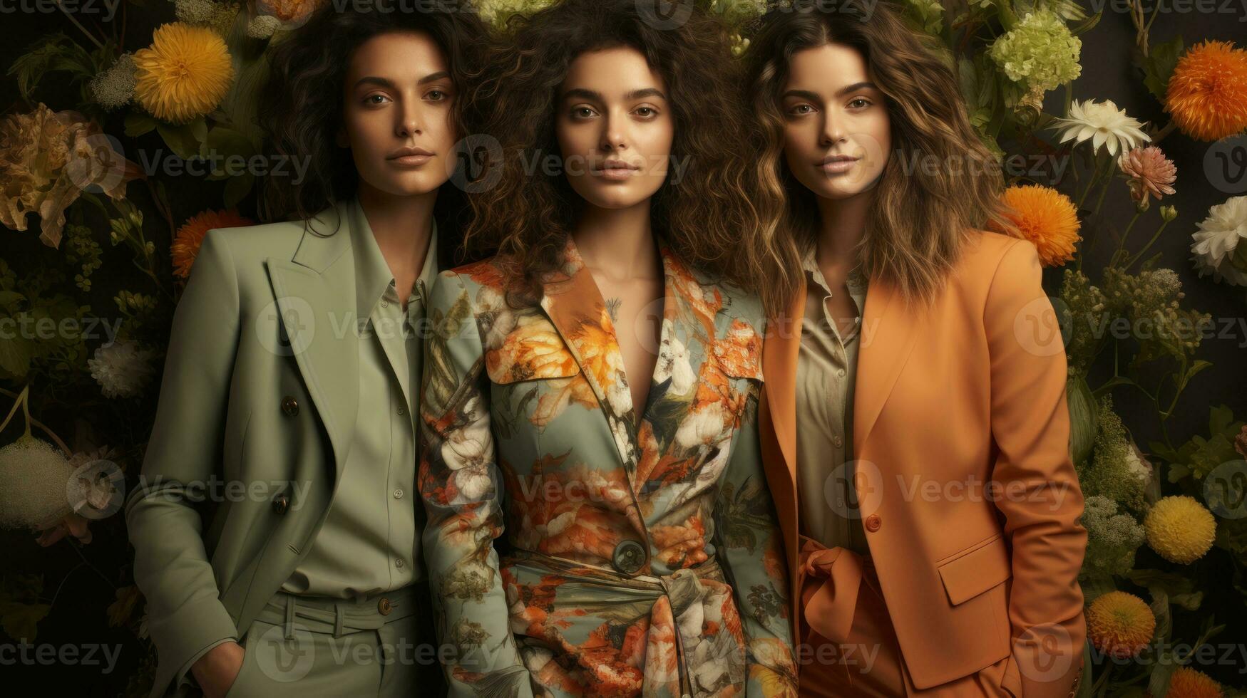 tre skön ung kvinnor Framställ i en blommig studio. mode skott. foto
