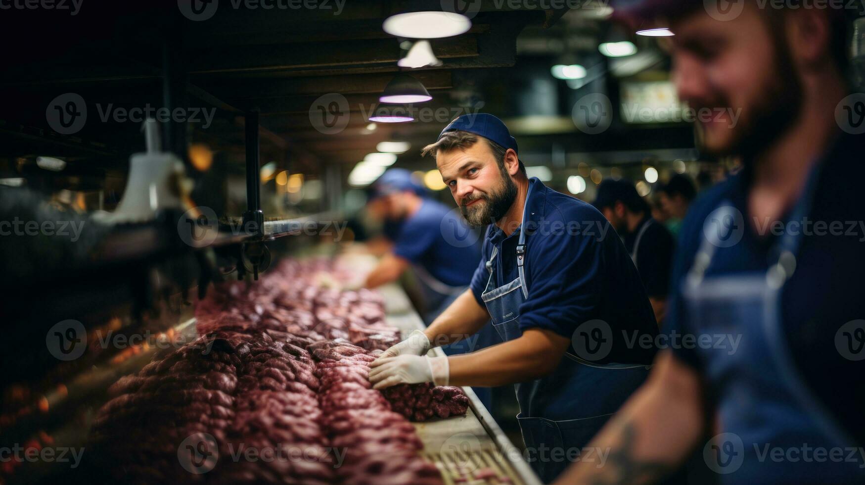manlig arbetstagare arbetssätt i en kött fabrik för försäljning och ytterligare bearbetning som korv. foto
