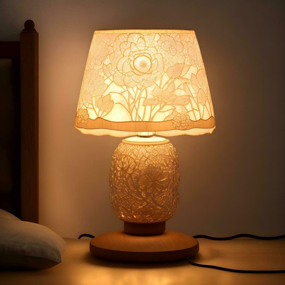 små lampa lysande i sovrum natt stå, stänga upp, dämpa rum. ai genererad. foto