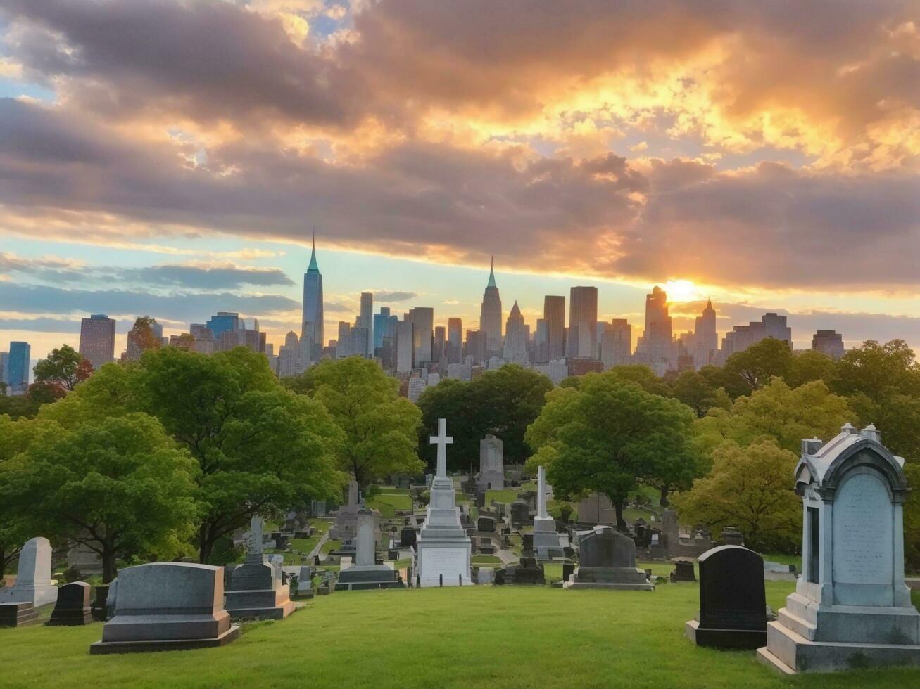 se av de grön trä kyrkogård i brooklyn med manhattan stad horisont skön solnedgång. ai genererad. foto