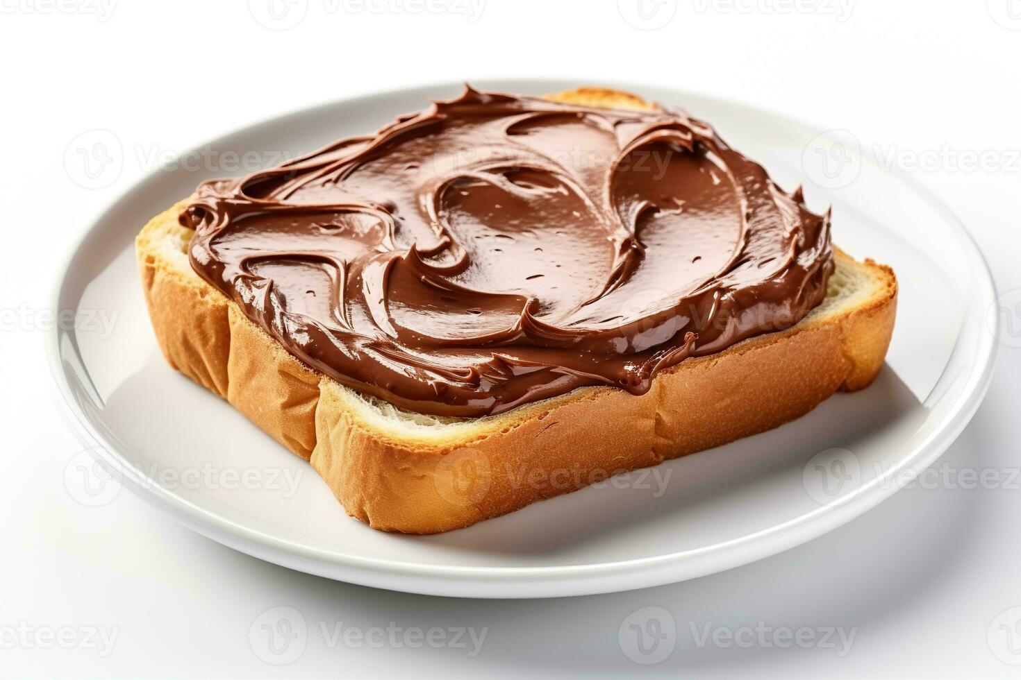 rostat bröd med choklad spridning på en tallrik på en vit bakgrund foto