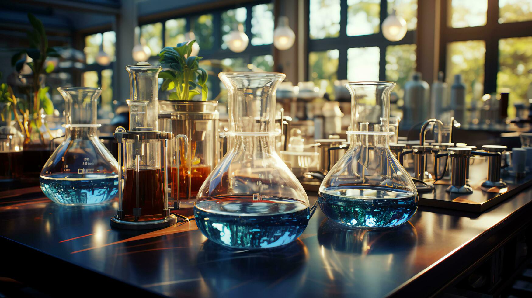ai-genererad flerfärgad glas kolvar och kolvar med kemisk testa rör i en vetenskaplig medicinsk mikrobiologisk laboratorium med forskning Utrustning foto