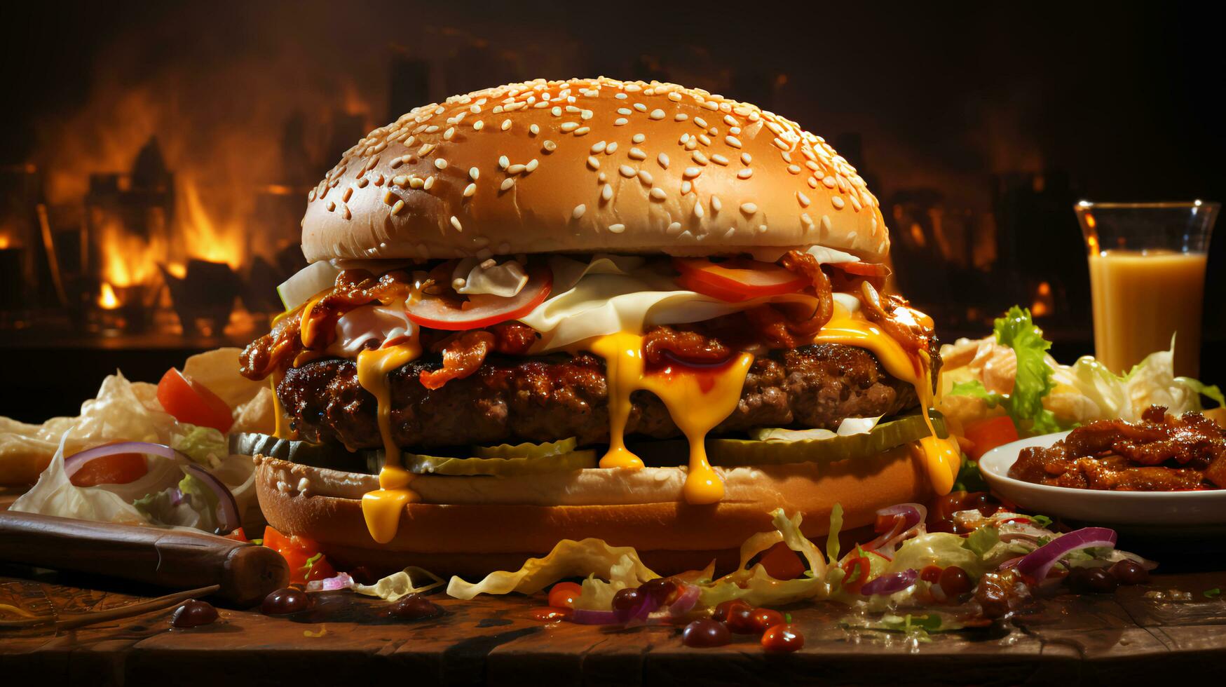 ai-genererad utsökt stor burger med nötkött kött patties och ost foto