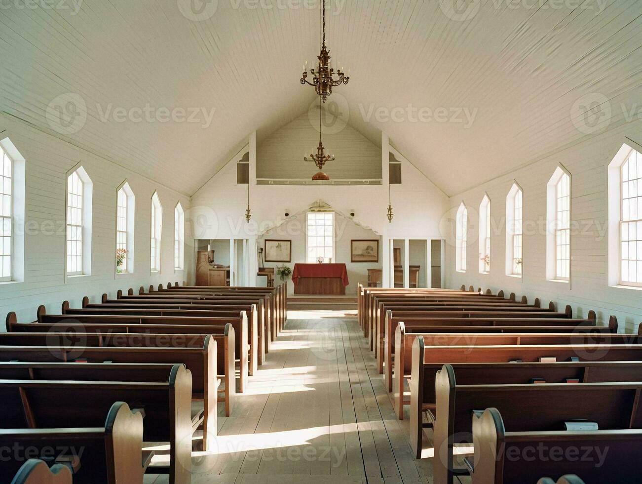 interiör av ett amerikan amish kyrka generativ ai foto