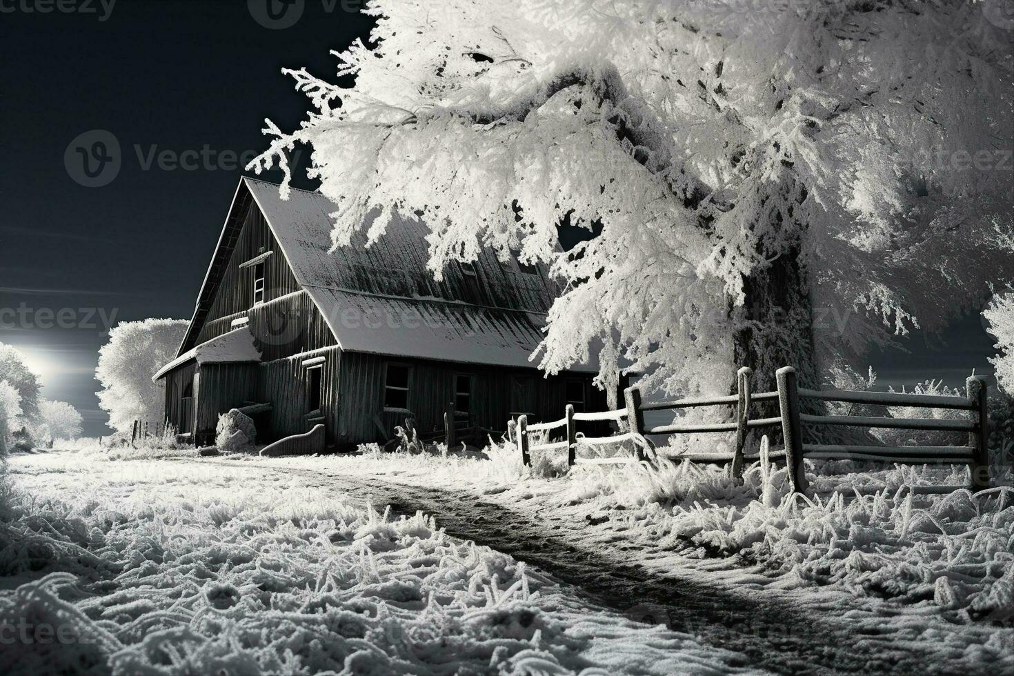 ett gammal trä, riden ladugård täckt i snö mot en bakgrund av frosttäckt träd. de kontrast och djup framkalla en känsla av lugna, skönhet, och naturens elasticitet. ai genererad. foto