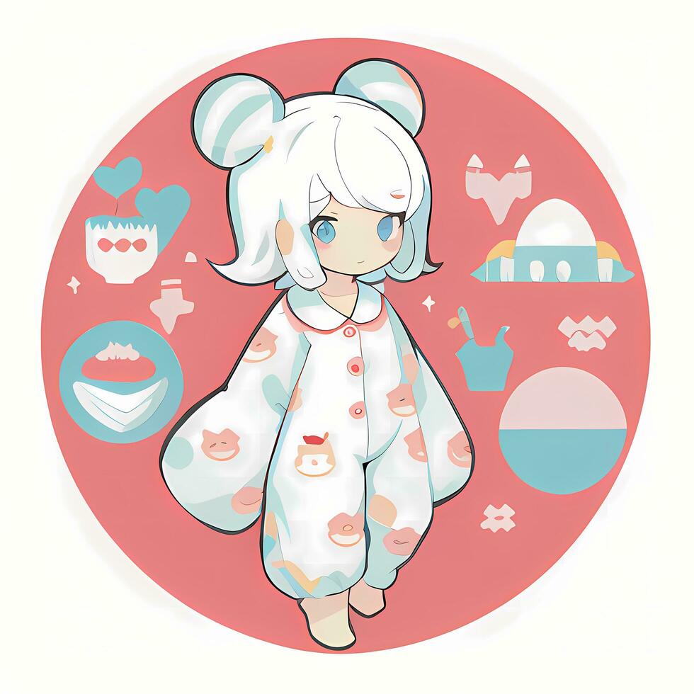 söt söt chibi anime flicka klistermärke bär pyjamas enkel färgrik bakgrund foto