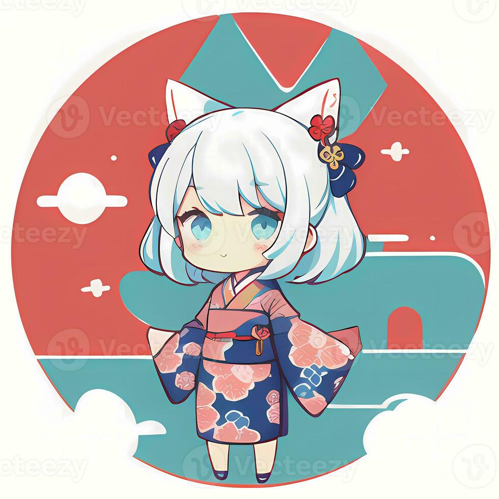 söt söt chibi anime flicka klistermärke söt japansk yukata kimono enkel färgrik bakgrund foto