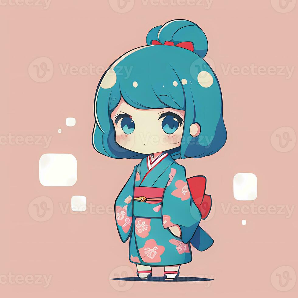 söt söt chibi anime flicka klistermärke söt japansk yukata kimono enkel färgrik bakgrund foto