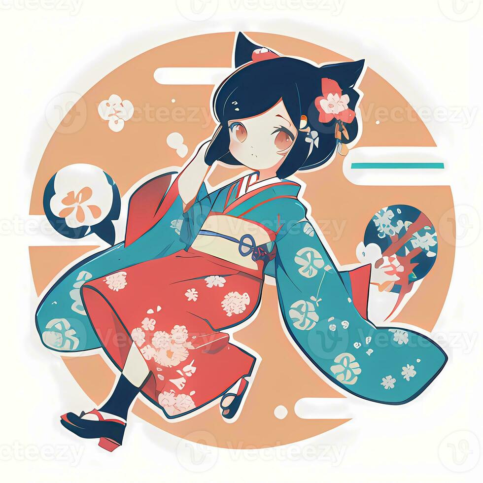 söt söt chibi anime flicka klistermärke söt japansk yukata kimono enkel färgrik bakgrund foto