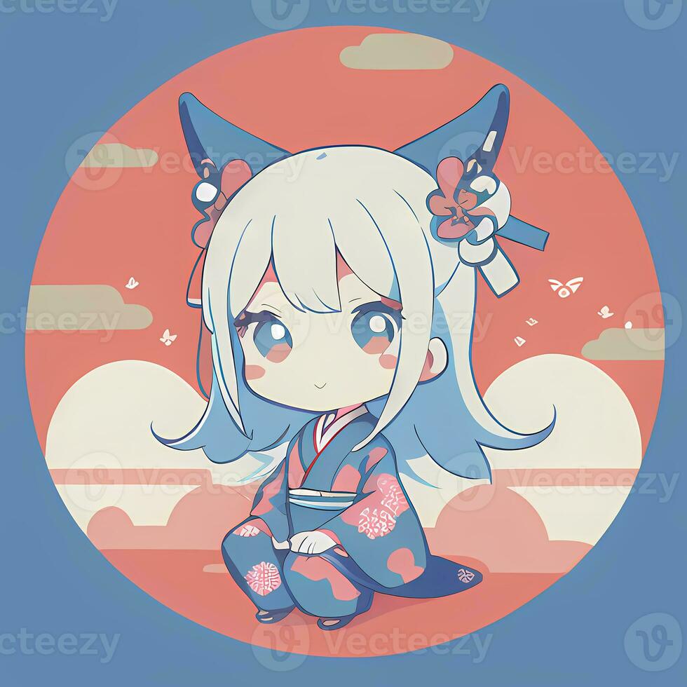 söt söt chibi anime flicka klistermärke söt japansk yukata kimono enkel färgrik bakgrund foto