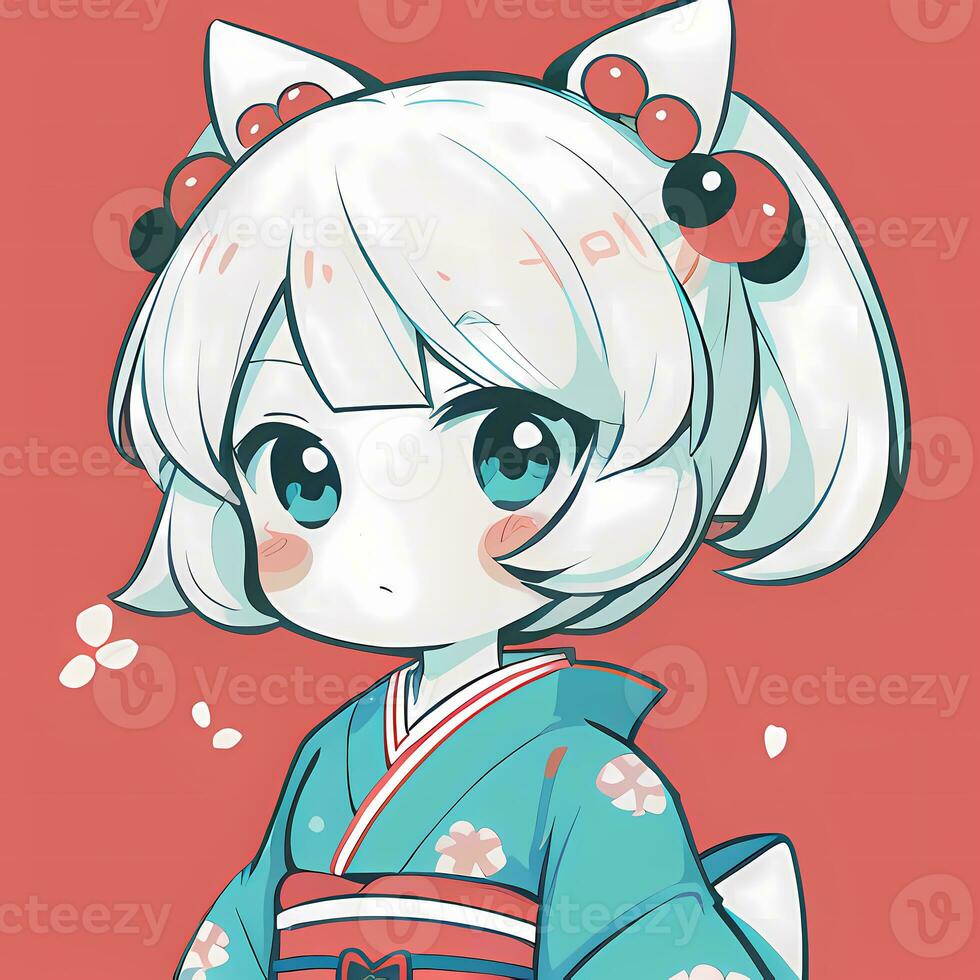 söt söt chibi anime flicka klistermärke söt japansk yukata kimono enkel färgrik bakgrund foto