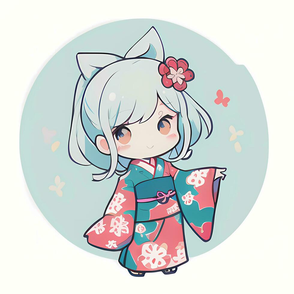 söt söt chibi anime flicka klistermärke söt japansk yukata kimono enkel färgrik bakgrund foto